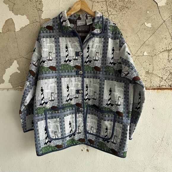 Blair Jackets & Blazers - Vintage 1990s Blair Tapestry Jacket Women's size 2XL Lighthouses Coastal Pockets